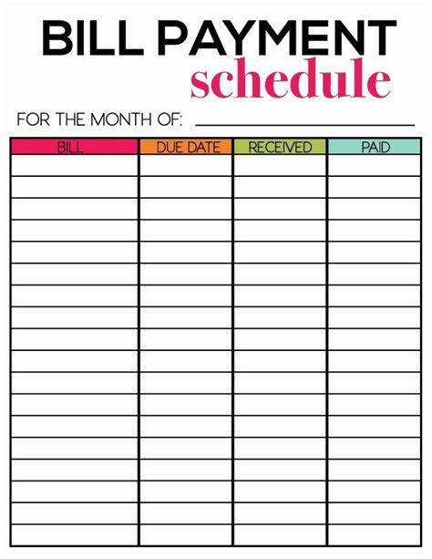 bill payment schedule template inspirational  printables