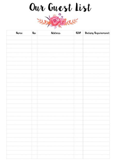 printable wedding guest list templates     track