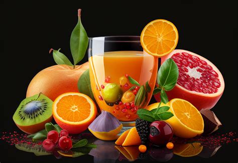 mix fruit juice   glass  fresh fruits  stock photo