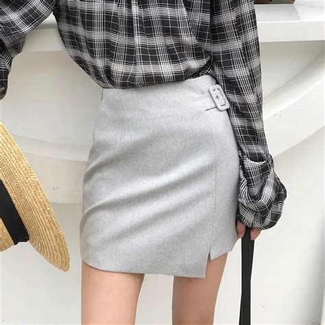irregular pencil skirt women high waist gray skirts vintage elegant