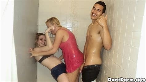 nasty coeds have some hardcore fun with a well hung guy in the shower