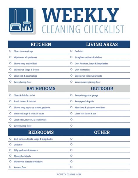 Weekly Cleaning Checklist Printable Helpful Gamily Tool Cut The Grime