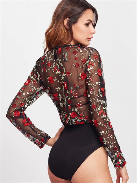 flower embroidered sheer mesh bodysuit shein sheinside