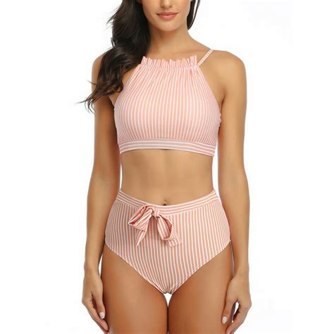 ukap women high waist bikini set plus size ladies striped two piece