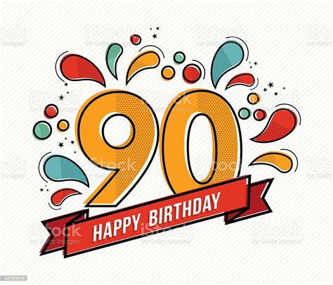 Colorful Happy Birthday Number 90 Flat Line Design Stock Illustration