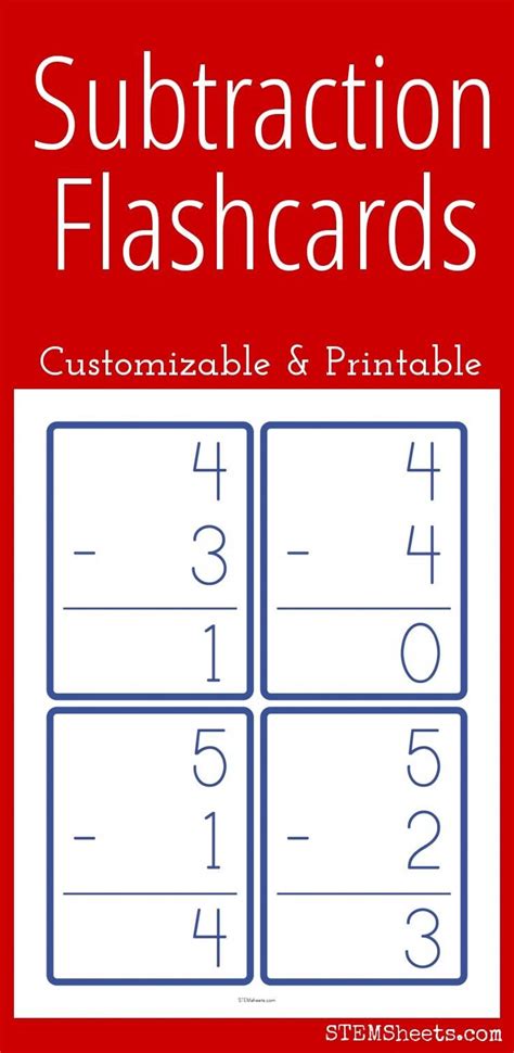 subtraction flash cards customizable  printable subtraction facts