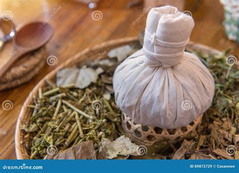 herbal spa balls  treatment  massage  herb bergamot  stock