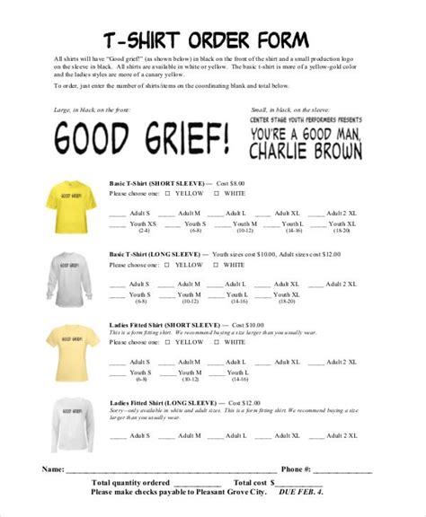 shirt order forms  sample  format