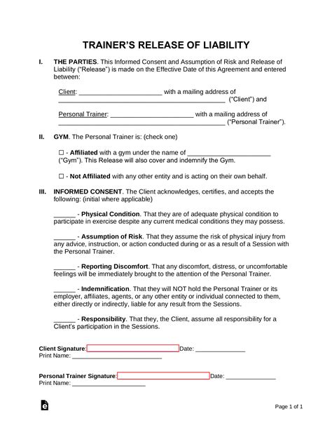 personal training contract template  word eforms