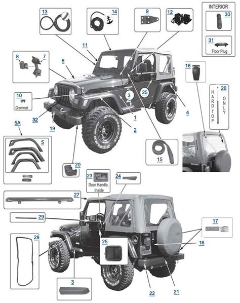 jeep wrangler tj body parts hardtop exhaust system diagram  wheel parts