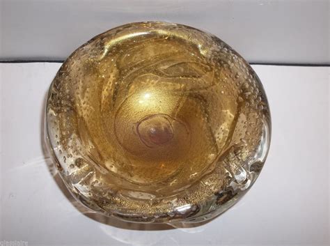 Vintage Murano Art Glass Seguso Gold Aventurine Bullicante Bowl Ashtray
