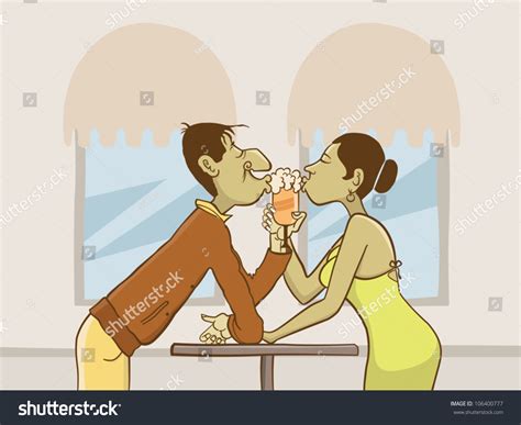 Illustration Of A Romantic Couple Sharing An Ice Cream Shake