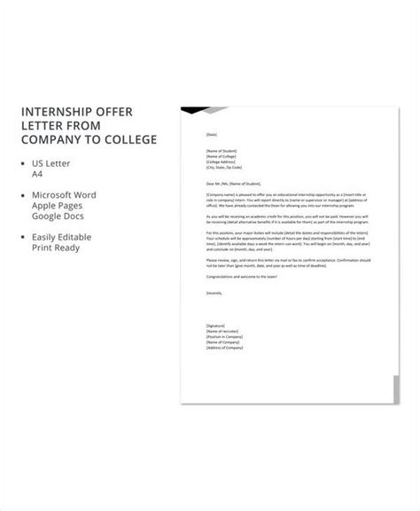 sample internship offer letter templates   ms word