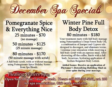 december spa specials   healing waters spa saratoga wy