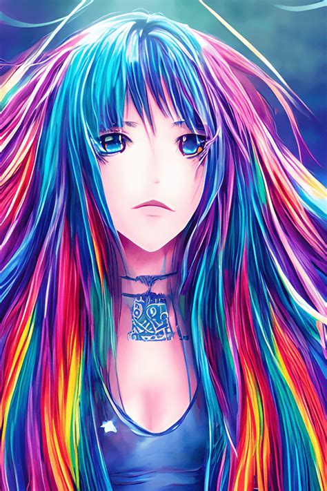 Ragazza Anime Con Capelli Arcobaleno E Occhi Stellati · Creative Fabrica