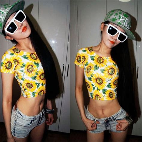 wholesale new hot womans lady women short sleeve sexy belly sunflower