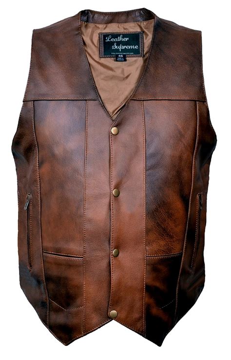 mens tall size  pocket retro brown concealed carry buffalo hide leather vest   stock