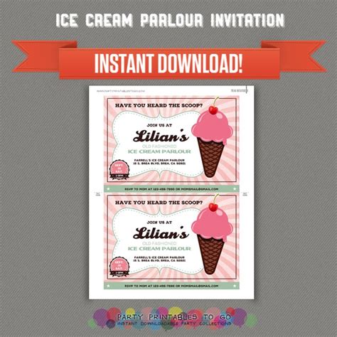 ice cream parlour party printable invitation editable  file print  home