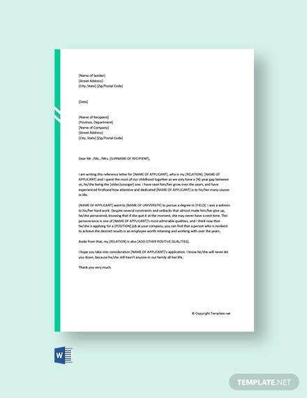 family reference letter template   word