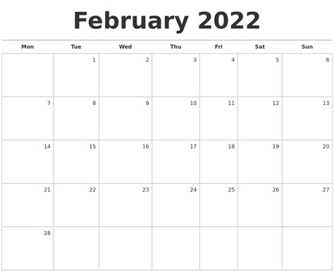 february  blank monthly calendar