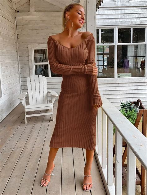 Yissang Knitted Sexy Backless Dress Women S Off Shoulder V Neck Dress