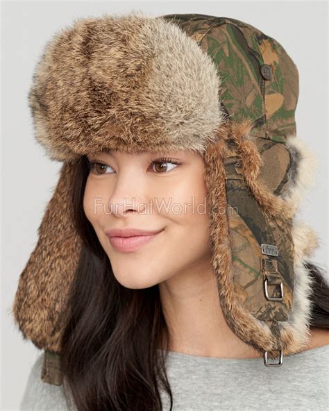 Camouflage Trapper Hat With Natural Brown Rabbit Fur