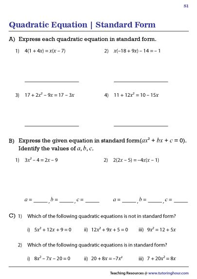 writing quadratic equations  standard form worksheet  tessshebaylo