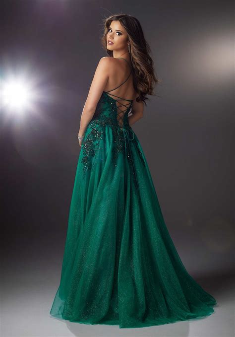 emerald green prom dress  spaghetti straps corset  tulle