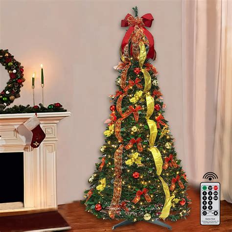 christmas fully decorated pre lit led warm lights ft pop  christmas tree red gold pop