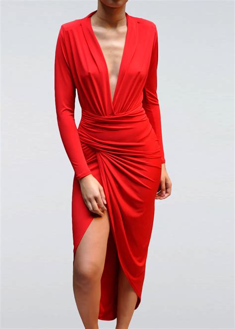 Long Sleeve Wrap Front Maxi Dress In Red John Zack