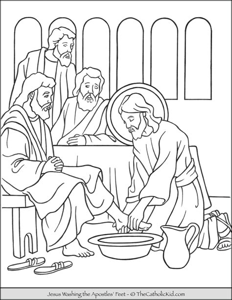jesus washing  apostles feet coloring page thecatholickidcom