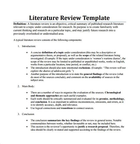 literature review templates    sample templates