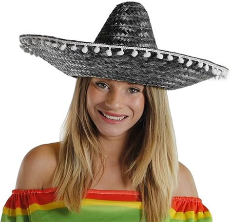 Adults Sombrero Hat Black Mexican Sombrero With White Pompom Details