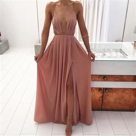 full length sexy open back dust pink slit prom dress