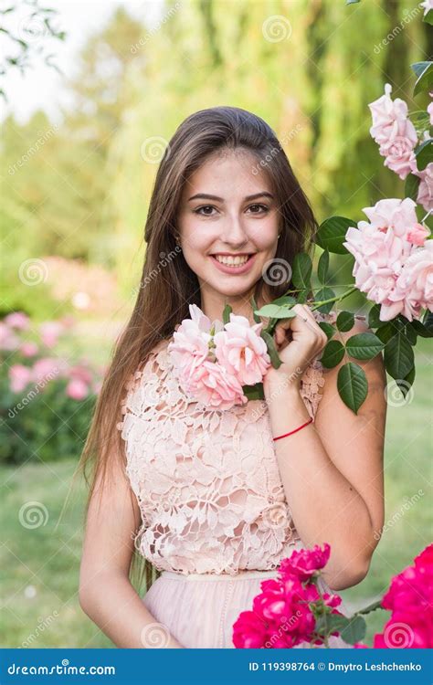 Portrait Of A Beautiful Girl Happy Girl Roses Rosarium Garden