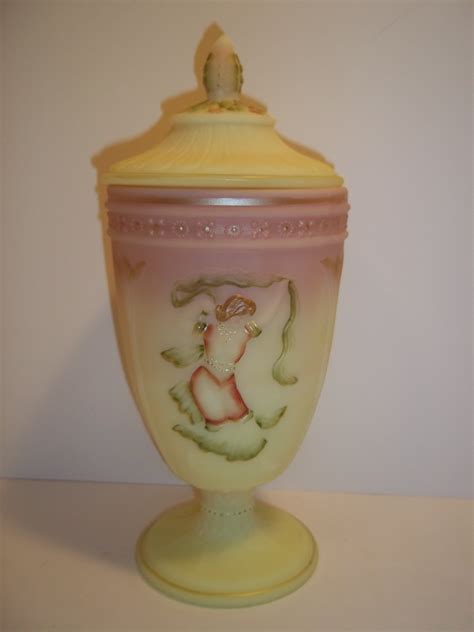 Fenton Glass Burmese Dancing Ladies Covered Urn Compote Candy Box