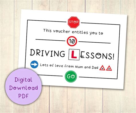 driving lessons gift voucher coupon printable digital  etsy uk