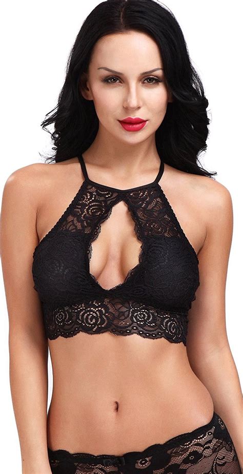 high neck halter lace bralette with keyhole in front black lace