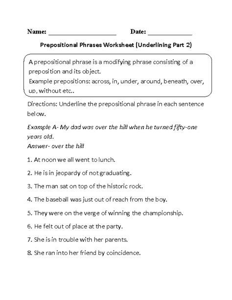prepositions worksheets underlining prepositional phrase worksheet part