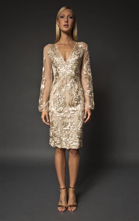 Gold Lace Embellished Knee Length Dress With Long Sleeves The Elias