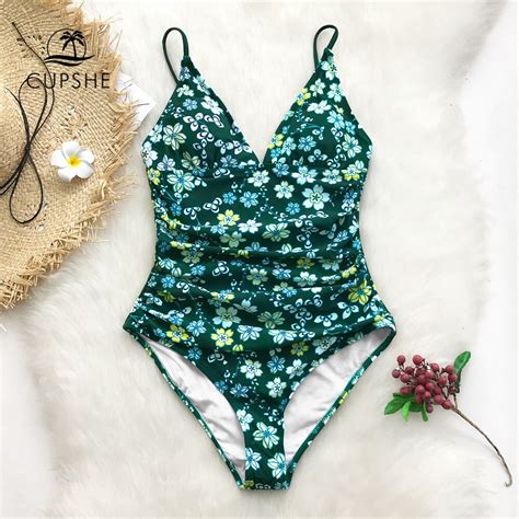 Cupshe Green Floral Ruched One Piece Swimsuit Women V Neck Boho