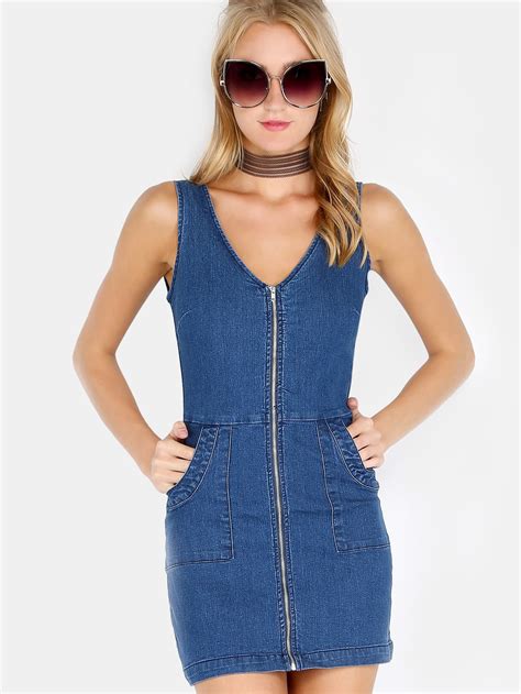 zipper front denim dress sheinsheinside