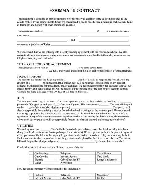 printable roommate agreement template printable templates