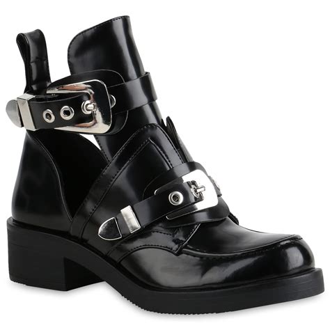 damen stiefeletten ankle boots cut outs leder optik schuhe booties  mode ebay