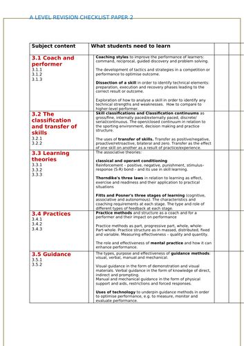 edexcel  level pe revision checklist teaching resources