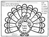 Turkey Color Number Addition Math Thanksgiving Grade Coloring Printable 1st Code Source Choose Board sketch template