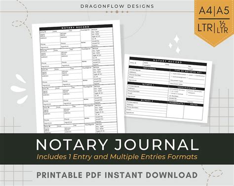 notary journal  printable  notary public record template