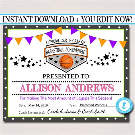 editable basketball certificates instant  basketball etsy