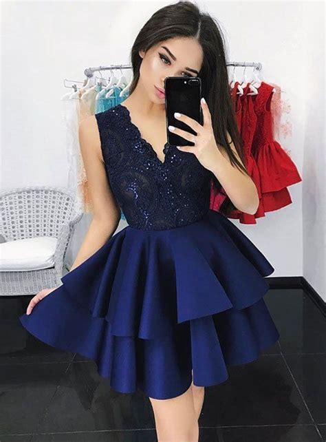 a line v neck navy blue lace homecoming dress with lace