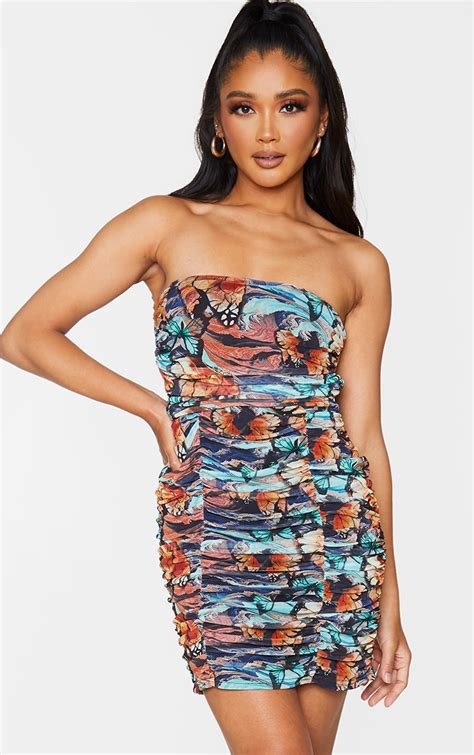 multi butterfly print mesh bandeau bodycon dr prettylittlething